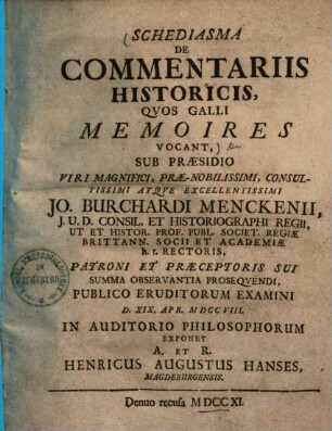 Schediasma de commentariis historicis, quos Galli memoires vocant