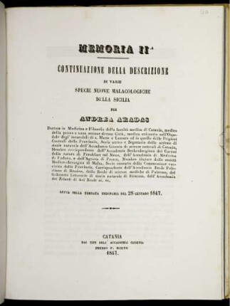 Memoria IIa: Continuazione Della Descrizione Di Varie Specie Nuove Malacologiche Della Sicilia : Letta Nella Tornata Ordinaria Del 28 Gennaro 1847