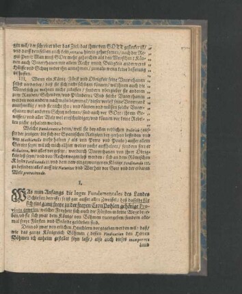 I. Als nun Anfangs die leges Fundamentales des Landes Schlesien betrifft ...