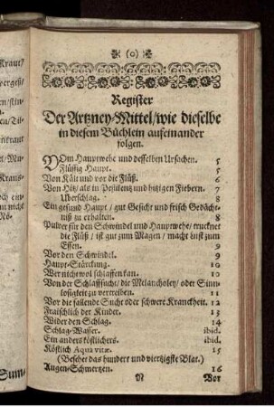 Register Der Artzney-Mittel/ wie dieselbe in diesem Büchlein aufeinander folgen