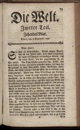 Zehendes Blat. Erfurt, den 8. Septembr. 1753.