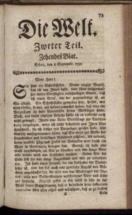 Zehendes Blat. Erfurt, den 8. Septembr. 1753.