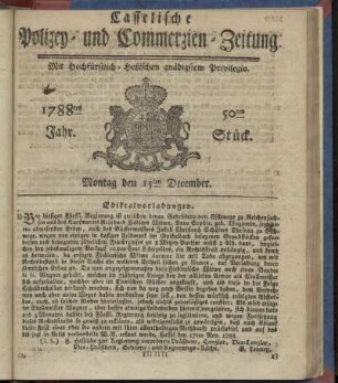 50tes Stueck, Montag den 15ten December. 1788