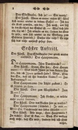 Sechster Auftritt. Der Fürst. Der Edelknabe (der gleich wieder einschläft.) Der Hauptmann.