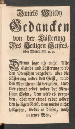 Daniels Whithy Gedanken von der Lästerung Des Heiligen Geistes