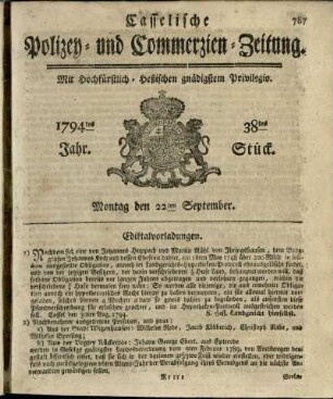38tes Stueck, Montag den 22ten September 1794