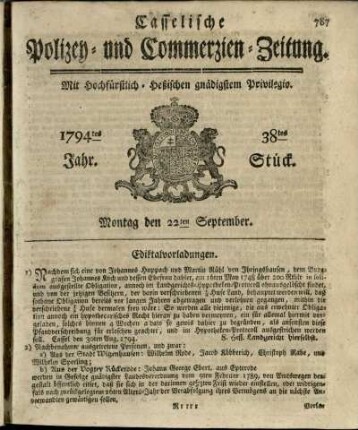 38tes Stueck, Montag den 22ten September 1794