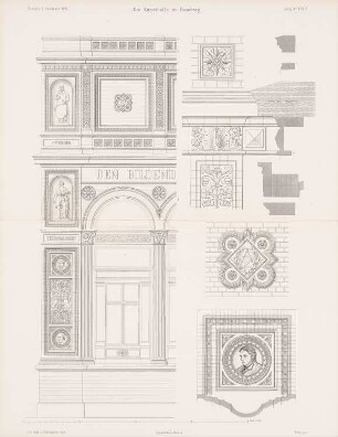 Kunsthalle, Hamburg: Ansichten, Schnitte Details (aus: Atlas zur Zeitschrift für Bauwesen, hrsg. v. G. Erbkam, Jg. 18, 1868)