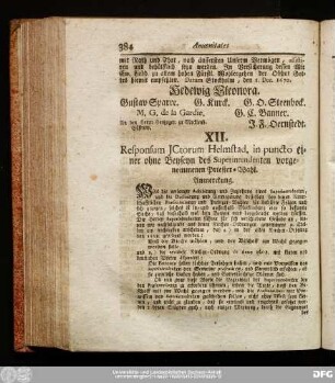 XII. Responsum Ictorum Helmstad, in puncto einer ohne Beyseyn des Superintentenden vorgenommen Priester-Wahl.