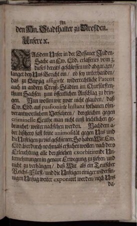 An den Hn. Stadthalter zu Dreßden.