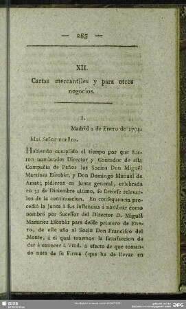 XII. Cartas mecantiles y para otros negocios
