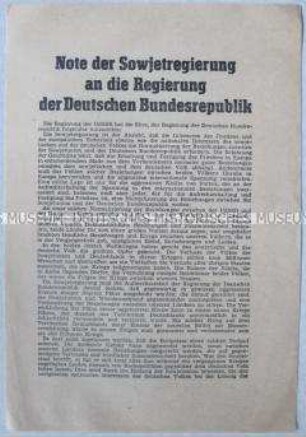 Sonderdruck mit dem Wortlaut einer Note der Regierung der UdSSR an die Bundesregierung über die Aufnahme diplomatischer, kultureller und Handelsbeziehungen