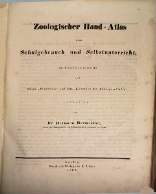 Zoologischer Hand-Atlas zum Schulgebrauch und Selbstunterricht : mit besonderer Rücksicht auf seinen "Grundriß" und sein "Lehrbuch der Naturgeschichte"