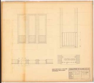 Reichsluftfahrtministerium, Berlin: Fenstergitter L2/L4 (Hofseite): Ansichten, Grundrisse 1:20, 1:10