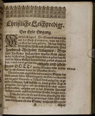 Christliche Leichpredigt. Der Erste Eingang; Leich-Spruch; Der Ander Eingang; Auslegung.