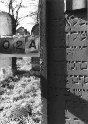 Grabstein 102 (Index: 100116271) Material: Sandstein Zustand: gut Maße HxBxT: 170x54x20 cm Beschreibung: aufgesockelte Stele mit Rundbogenabschluß und eingetieftem Schriftfeld, weiteres Schriftfeld am Sockel Symbolik: aufgeschlagenes Buch mit der Aufschrift Gebetsbuch: Grabstein 102A (Detailaufnahme)