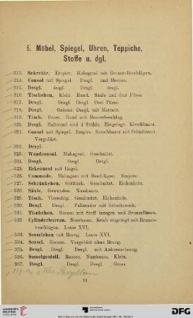 B. Möbel, Spiegel, Uhren, Teppiche, Stoffe u. dgl. (Nr. 313-552)
