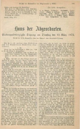 Haus der Abgeordneten. Siebenundvierzigste Sitzung am Dienstag den 12. März 1872