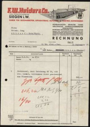 Firmenbriefkopf F.W. Heider u. Co. Blecharbeiten, Apparatebau, Autogen- u. Elekto-Schweiserei