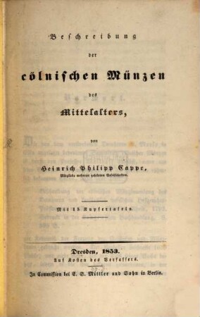Beschreibung der cölnischen Münzen des Mittelalters