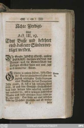 Achte Predigt, über Act. III, 19. Thut Busse und bekehret euch, daß eure Sünden vertilget werden.
