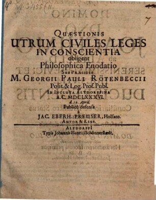 Quaestionis Utrum Civiles Leges In Conscientia Obligent Philosophica Enodatio