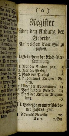 Register über den Anhang der Gebethe.