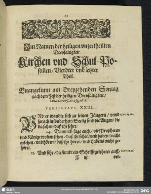 Evangelium am Dreyzehenden Sontag nach dem Fest der heiligen Dreyfaltigkeit, Luc. 10. à vers. 23. usq[ue] ad 38.