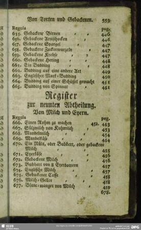 Register zur neunten Abtheilung. Von Milch und Eyern