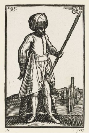 Kanonier mit Luntenstock, aus: Melchior Lorch, "Des Weitberühmten Kunstreichen und Wolerfahrnen herrn Melchior Lorichs, Flensburgensis Wolgerissene und geschnittene Figuren zu Ross und Fuss sampt schönen Türkischen Gebäuden und allerhand was in der Türkey ze sehen", Hamburg 1626