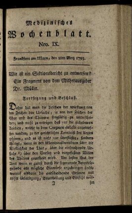 Nro. IX. Frankfurt am Mayn, den 2ten Merz 1793. - Nro. XIII. Frankfurt am Mayn, den 30ten Merz 1793.