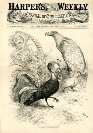 Borrowed plumes - Mr. Jackdaw Conkling. Eagle. "Perhaps you would like to pluck me." : Senator Rosoe Conkling wird als Pfau dargestellt, der sich mit dem amerikanischen Adler streiten will