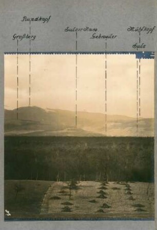 Foto aus der Beobachtungsstelle des "Artillerie-Kommandeurs Lutterbach" mit dem Ausschnitt Großberg - Rundkopf - Gebweiler - Mühlkopf - Sulz (Rundbild)