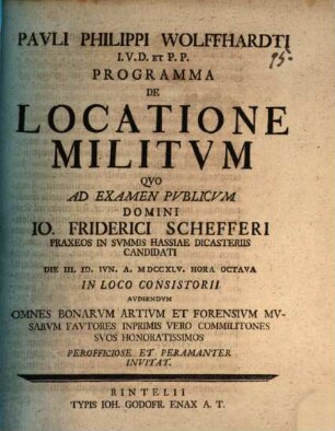 Pauli Wolffhardti ... Programma de locatione militvm