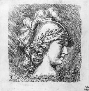 Weiblicher Kopf mit Federbuschhelm mit Lorbeerzweig