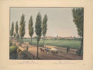 Stadtansicht von Leipzig von Westen von der Straße vor dem Ranstädter Tor, mit Kutsche