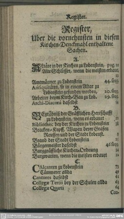 Register, Uber die vornehmsten in diesem Kirchen-Denckmahl enthaltene Sachen