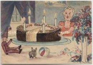 Selbstgezeichnete Feldpostkarte an den Sohn zum 5. Geburtstag