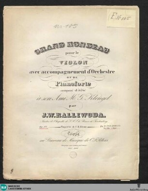 Grand rondeau pour le violon avec accompagnement d'orchestre ou de pianoforte : Op. 37