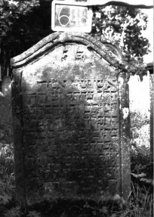 Grabstein 646 (Index: 100104953) Material: Sandstein Zustand: leicht verwittert Maße HxBxT: 125x72x13 cm Beschreibung: Stele, Konvexbogenabschluss mit Verdachung, Schriftfeld eingetieft: Grabstein 646