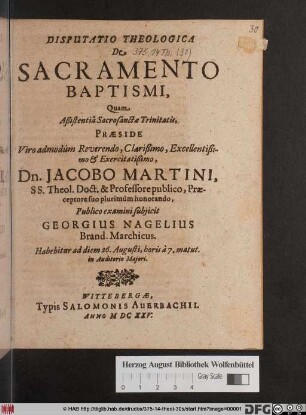 Disputatio Theologica De Sacramento Baptismi