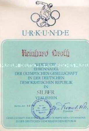 Urkunde zur Ehrennadel der Olympischen Gesellschaft in der DDR in Silber