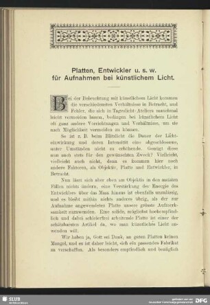 Platten, Entwickler u.s.w. für Aufnahmen bei künstlichem Licht