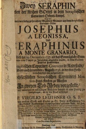 Zwey Seraphin neben der Archen Gottes in dem Seraph. Capuciner-Ordens-Tempel
