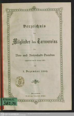 1892: Verzeichnis der Mitglieder des Turnvereins für Neu- und Antonstadt-Dresden : nach dem Stande vom ...