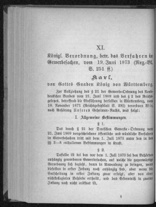 Königliche Verordnung, betreffend das Verfahren in Gewerbesachen, vom 19. Juni 1873