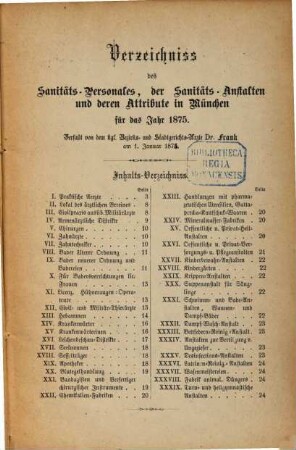 Verzeichniß des Sanitäts-Personales, der Sanitäts-Anstalten und deren Attribute in München für das Jahr .... 1875