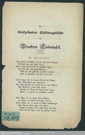 Zum fünfzehnten Stiftungsfeste der Dresdner Liedertafel