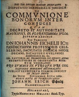 Disputatio Inauguralis Iuridica De Communione Bonorum Inter Coniuges