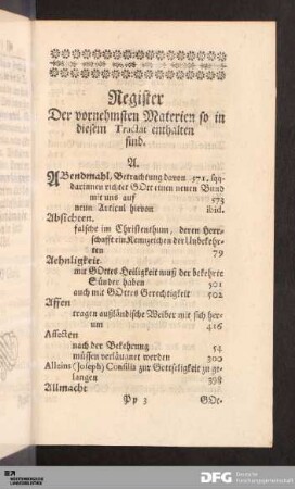 Register Der vornehmsten Materien so in diesem Tractat enthalten sind.